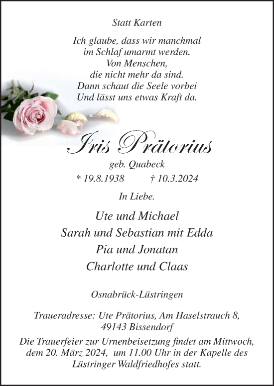 Traueranzeige von Iris Prätorius von Neue Osnabrücker Zeitung GmbH & Co. KG