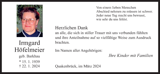 Traueranzeige von Irmgard Höfelmeier von Neue Osnabrücker Zeitung GmbH & Co. KG