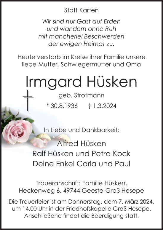 Traueranzeige von Irmgard Hüsken von Neue Osnabrücker Zeitung GmbH & Co. KG