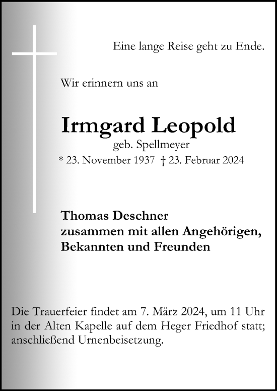 Traueranzeige von Irmgard Leopold von Neue Osnabrücker Zeitung GmbH & Co. KG