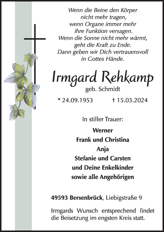 Traueranzeige von Irmgard Rehkamp von Neue Osnabrücker Zeitung GmbH & Co. KG