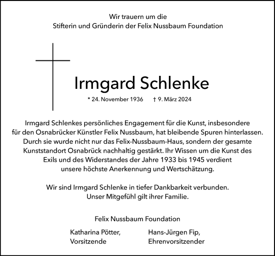 Traueranzeige von Irmgard Schlenke von Neue Osnabrücker Zeitung GmbH & Co. KG