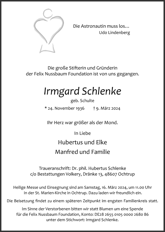 Traueranzeige von Irmgard Schlenke von Neue Osnabrücker Zeitung GmbH & Co. KG