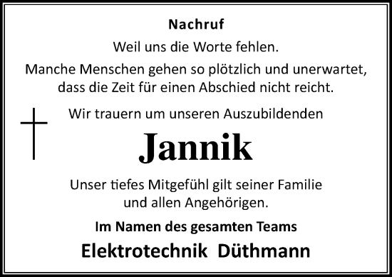 Traueranzeige von Jannik  von Neue Osnabrücker Zeitung GmbH & Co. KG