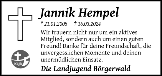 Traueranzeige von Jannik Hempel von Neue Osnabrücker Zeitung GmbH & Co. KG