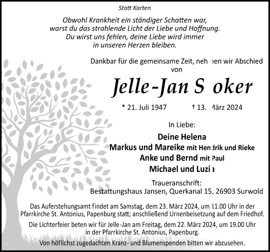 Traueranzeige von Jelle-Jan Stoker von Neue Osnabrücker Zeitung GmbH & Co. KG