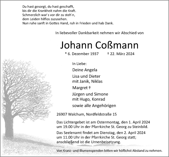 Traueranzeige von Johann Coßmann von Neue Osnabrücker Zeitung GmbH & Co. KG