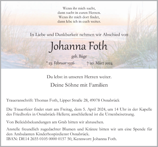 Traueranzeige von Johanna Foth von Neue Osnabrücker Zeitung GmbH & Co. KG