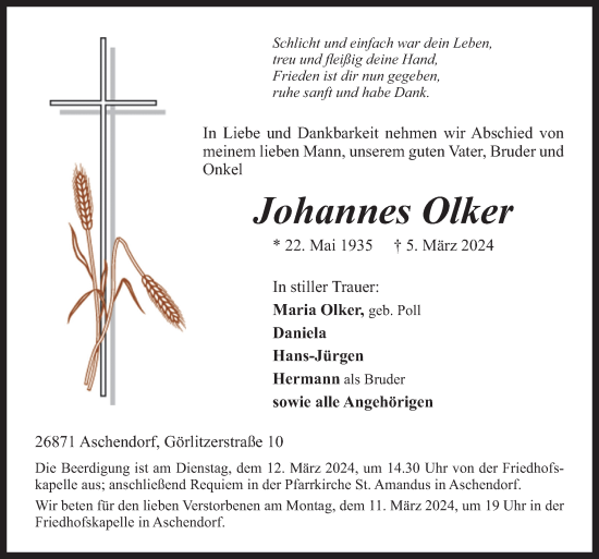 Traueranzeige von Johannes Olker von Neue Osnabrücker Zeitung GmbH & Co. KG