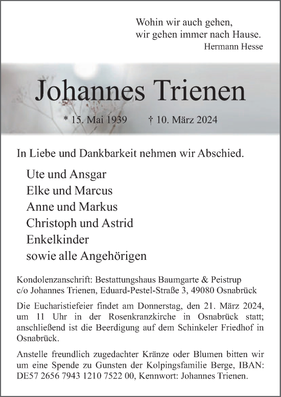 Traueranzeige von Johannes Trienen von Neue Osnabrücker Zeitung GmbH & Co. KG