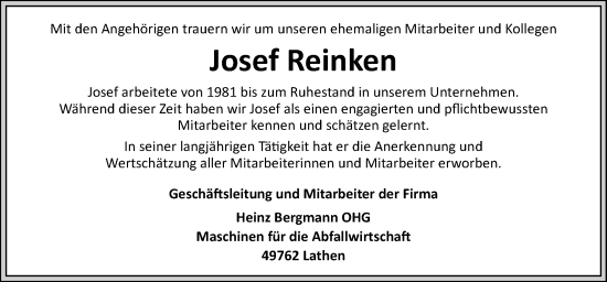 Traueranzeige von Josef Reinken von Neue Osnabrücker Zeitung GmbH & Co. KG