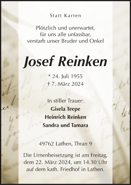 Traueranzeige von Josef Reinken von Neue Osnabrücker Zeitung GmbH & Co. KG