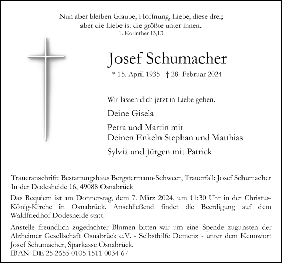 Traueranzeige von Josef Schumacher von Neue Osnabrücker Zeitung GmbH & Co. KG