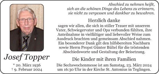 Traueranzeige von Josef Topper von Neue Osnabrücker Zeitung GmbH & Co. KG