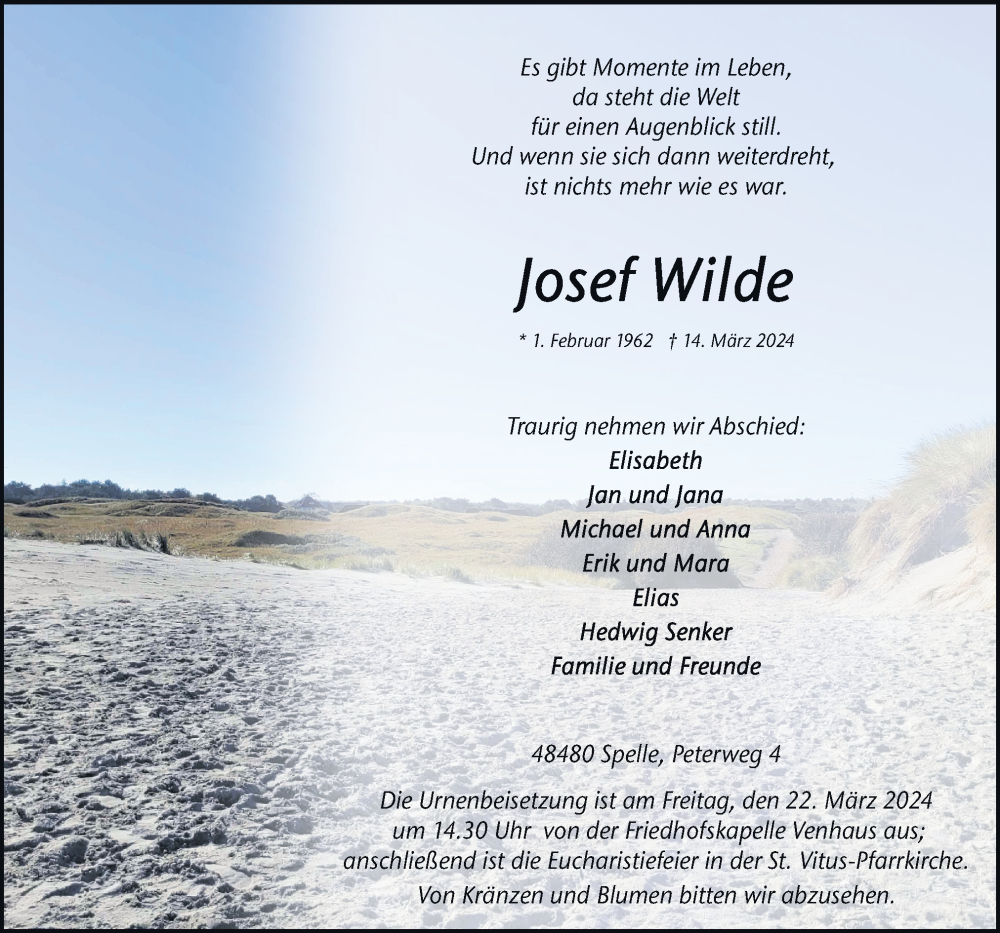 Traueranzeige für Josef Wilde vom 19.03.2024 aus Neue Osnabrücker Zeitung GmbH & Co. KG