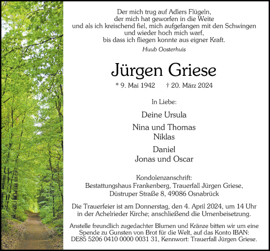 Traueranzeige von Jürgen Griese von Neue Osnabrücker Zeitung GmbH & Co. KG