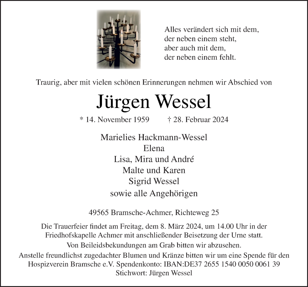  Traueranzeige für Jürgen Wessel vom 04.03.2024 aus Neue Osnabrücker Zeitung GmbH & Co. KG