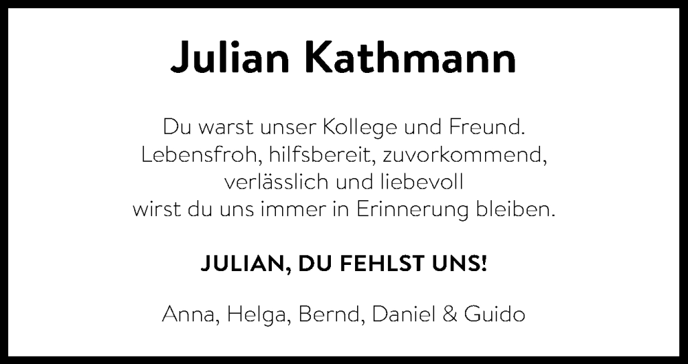  Traueranzeige für Julian Kathmann vom 13.03.2024 aus Neue Osnabrücker Zeitung GmbH & Co. KG