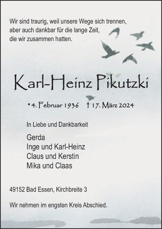 Traueranzeige von Karl-Heinz Pikutzki von Neue Osnabrücker Zeitung GmbH & Co. KG