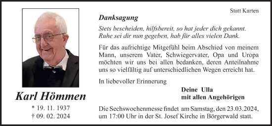 Traueranzeige von Karl Hömmen von Neue Osnabrücker Zeitung GmbH & Co. KG