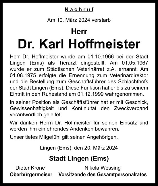 Traueranzeige von Karl Hoffmeister von Neue Osnabrücker Zeitung GmbH & Co. KG
