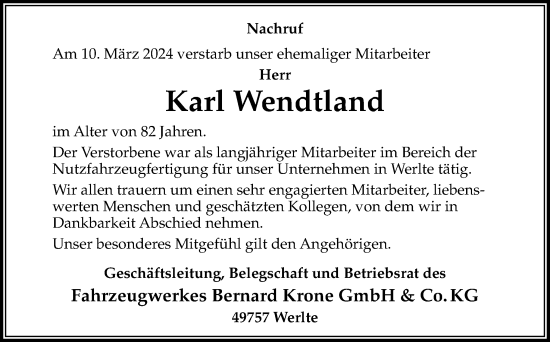 Traueranzeige von Karl Wendtland von Neue Osnabrücker Zeitung GmbH & Co. KG