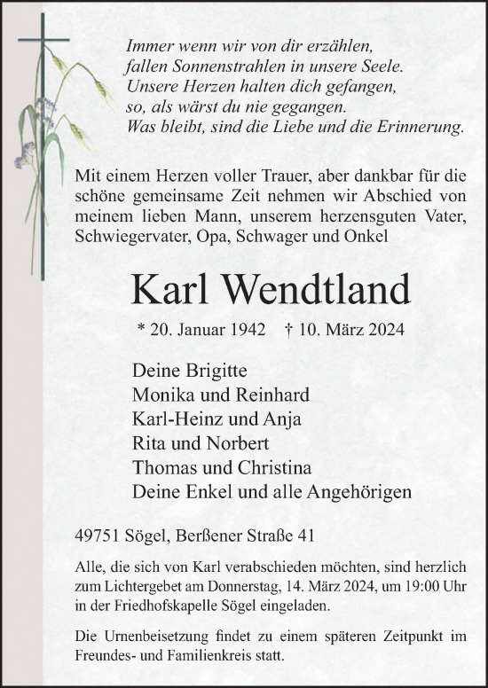 Traueranzeige von Karl Wendtland von Neue Osnabrücker Zeitung GmbH & Co. KG