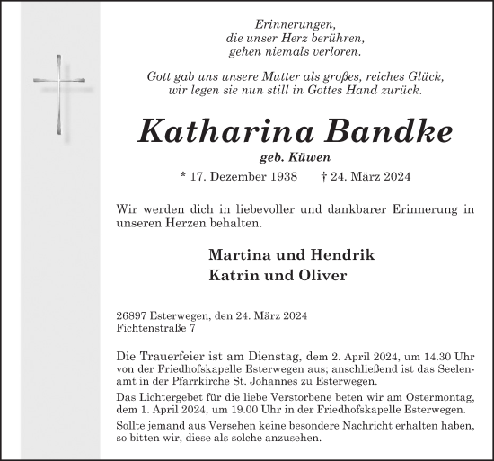 Traueranzeige von Katharina Bandke von Neue Osnabrücker Zeitung GmbH & Co. KG