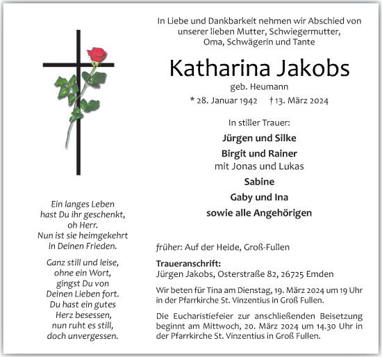 Traueranzeige von Katharina Jakobs von Neue Osnabrücker Zeitung GmbH & Co. KG