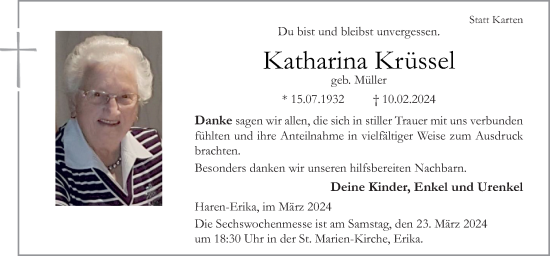Traueranzeige von Katharina Krüssel von Neue Osnabrücker Zeitung GmbH & Co. KG
