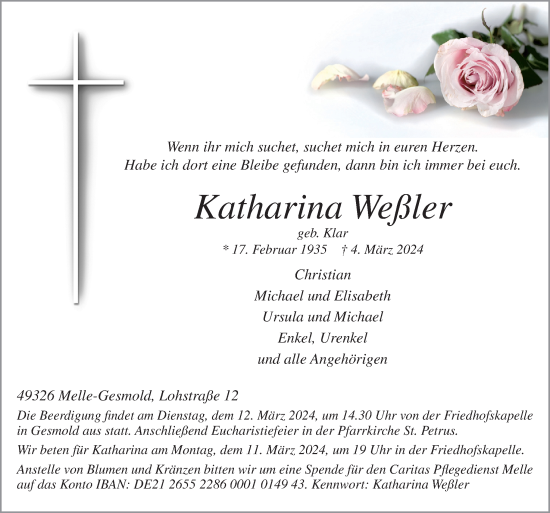 Traueranzeige von Katharina Weßler von Neue Osnabrücker Zeitung GmbH & Co. KG