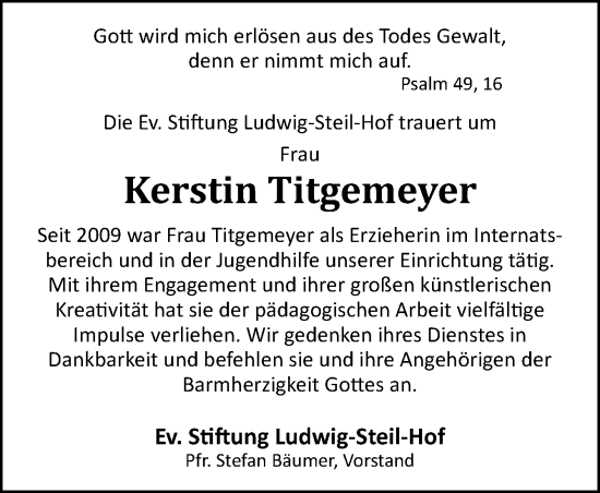 Traueranzeige von Kerstin Titgemeyer von Neue Osnabrücker Zeitung GmbH & Co. KG