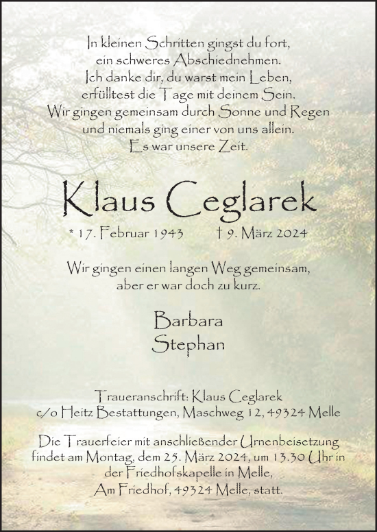 Traueranzeige von Klaus Ceglarek von Neue Osnabrücker Zeitung GmbH & Co. KG