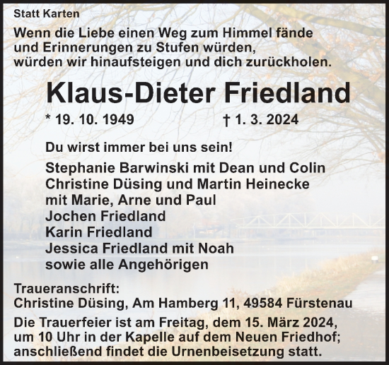 Traueranzeige von Klaus-Dieter Friedland von Neue Osnabrücker Zeitung GmbH & Co. KG