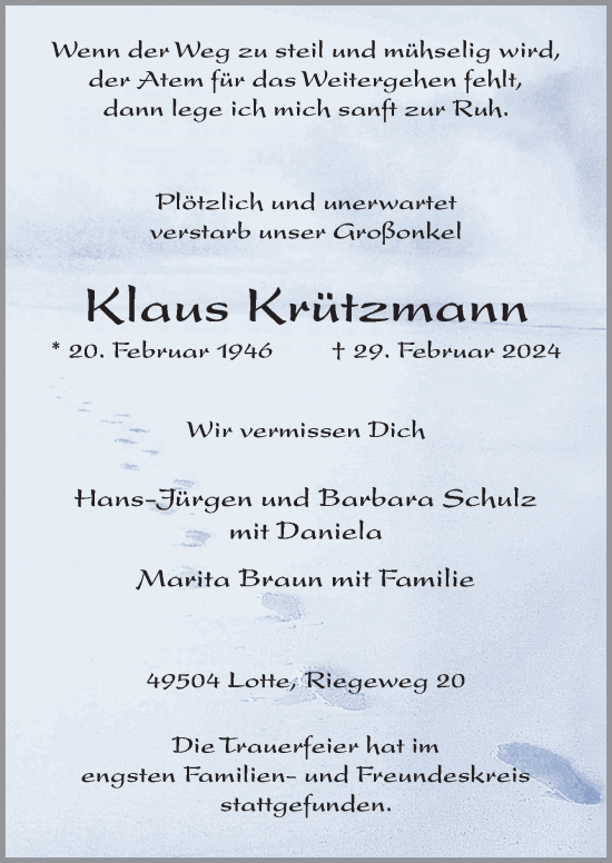 Traueranzeige von Klaus Krützmann von Neue Osnabrücker Zeitung GmbH & Co. KG