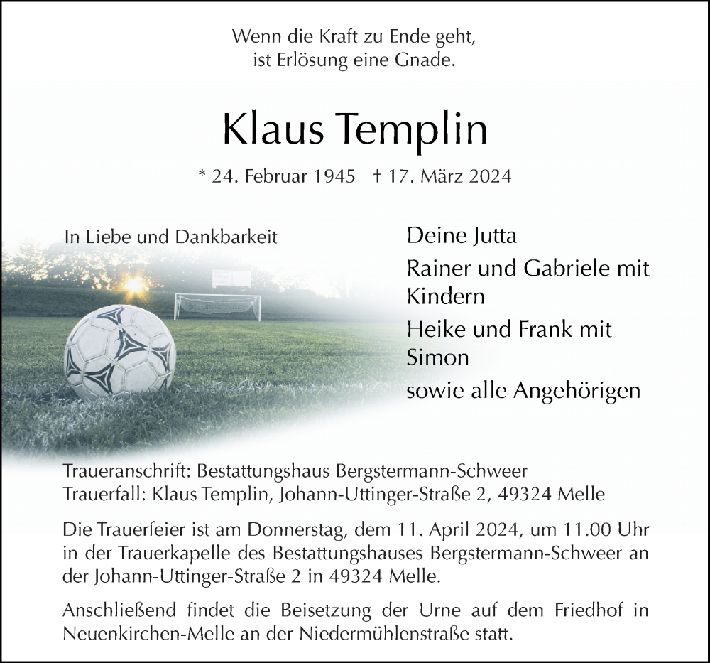  Traueranzeige für Klaus Templin vom 30.03.2024 aus Neue Osnabrücker Zeitung GmbH & Co. KG