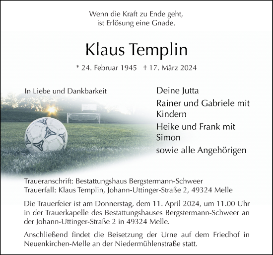 Traueranzeige von Klaus Templin von Neue Osnabrücker Zeitung GmbH & Co. KG