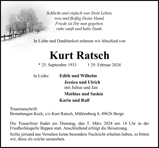 Traueranzeige von Kurt Ratsch von Neue Osnabrücker Zeitung GmbH & Co. KG