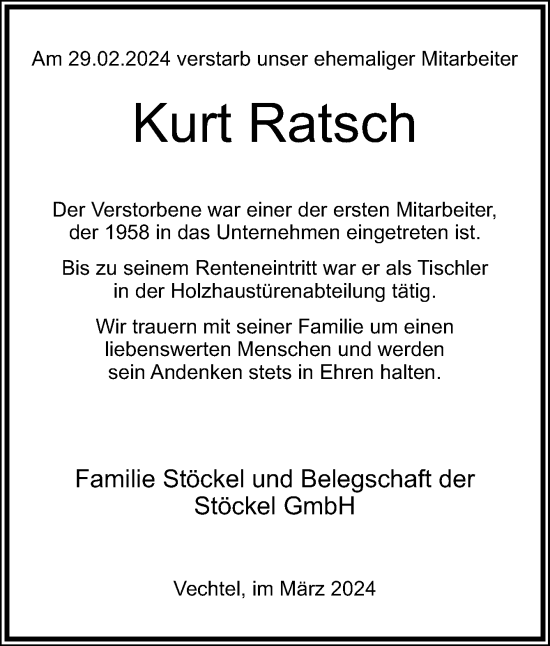 Traueranzeige von Kurt Ratsch von Neue Osnabrücker Zeitung GmbH & Co. KG