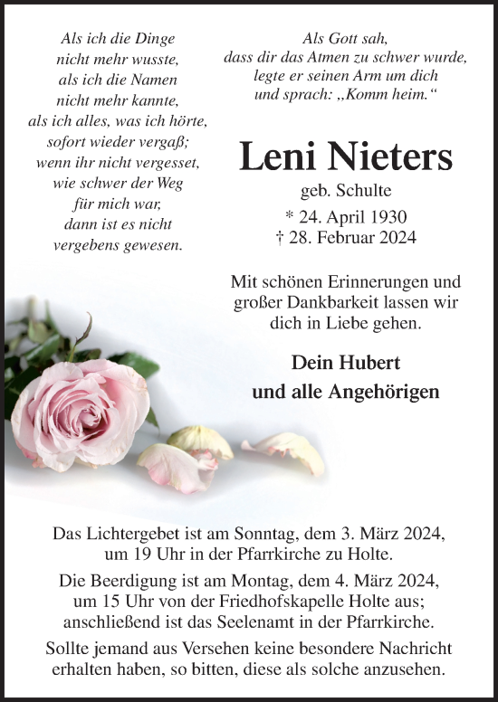 Traueranzeige von Leni Nieters von Neue Osnabrücker Zeitung GmbH & Co. KG