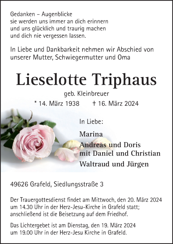 Traueranzeige von Lieselotte Triphaus von Neue Osnabrücker Zeitung GmbH & Co. KG