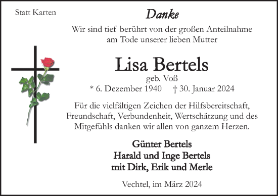 Traueranzeige von Lisa Bertels von Neue Osnabrücker Zeitung GmbH & Co. KG