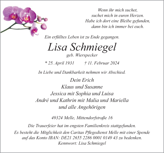 Traueranzeige von Lisa Schmiegel von Neue Osnabrücker Zeitung GmbH & Co. KG