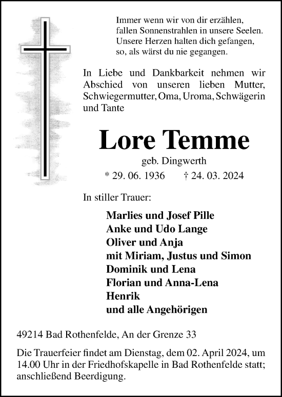 Traueranzeige von Lore Temme von Neue Osnabrücker Zeitung GmbH & Co. KG