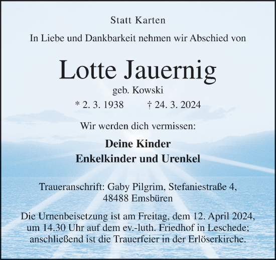 Traueranzeige von Lotte Jauernig von Neue Osnabrücker Zeitung GmbH & Co. KG