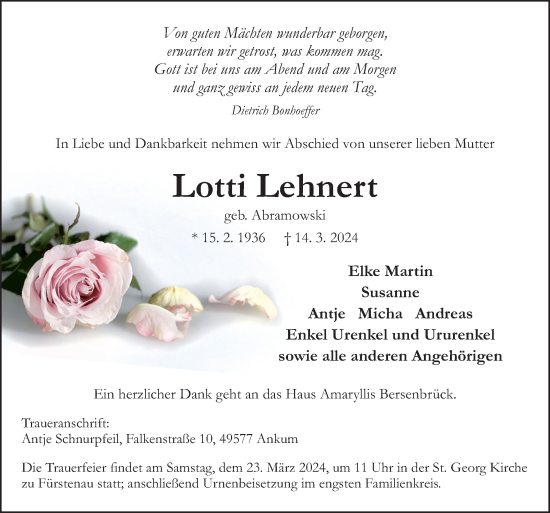 Traueranzeige von Lotti Lehnert von Neue Osnabrücker Zeitung GmbH & Co. KG