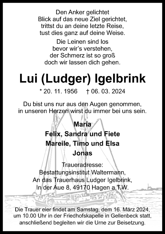 Traueranzeige von Ludger Igelbrink von Neue Osnabrücker Zeitung GmbH & Co. KG
