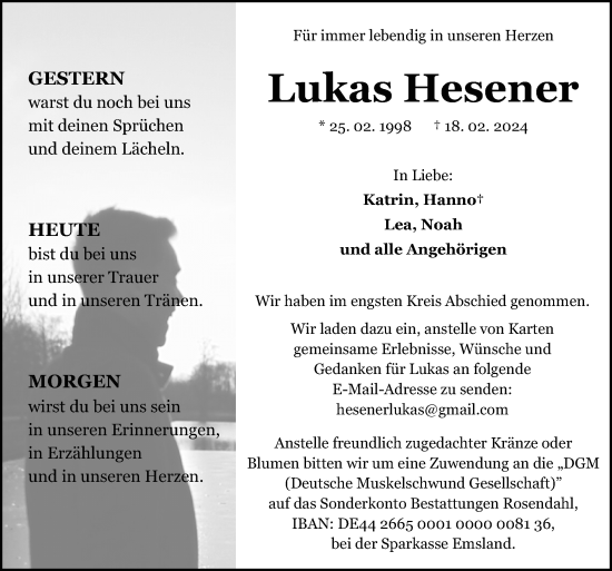 Traueranzeige von Lukas Hesener von Neue Osnabrücker Zeitung GmbH & Co. KG