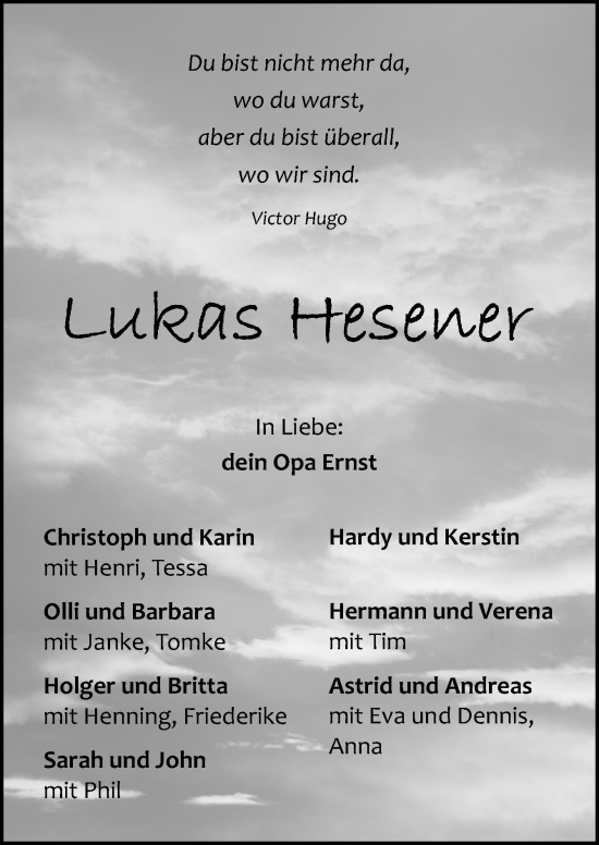 Traueranzeige von Lukas Hesener von Neue Osnabrücker Zeitung GmbH & Co. KG