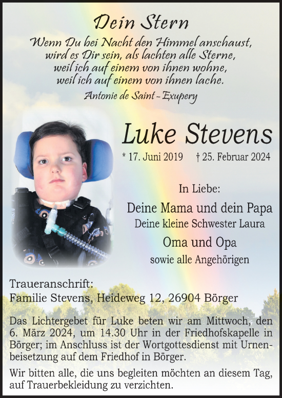 Traueranzeige von Luke Stevens von Neue Osnabrücker Zeitung GmbH & Co. KG